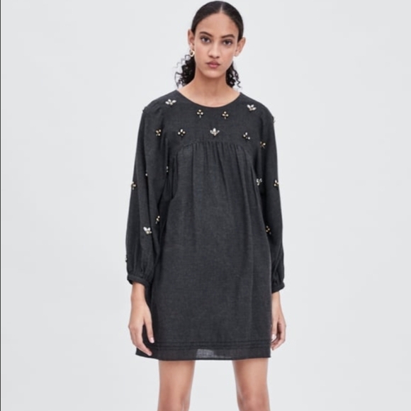 Zara bejeweled beaded tunic dress with pockets grey xs - Picture 1 of 16